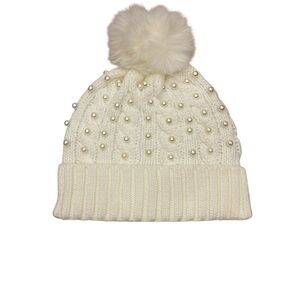 Madden Girl Cream Knit Beanie with Pearls